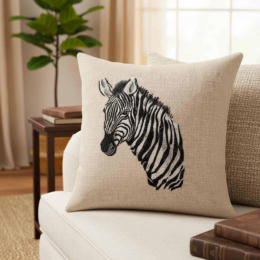Zebra embroidery design sewn on pillow