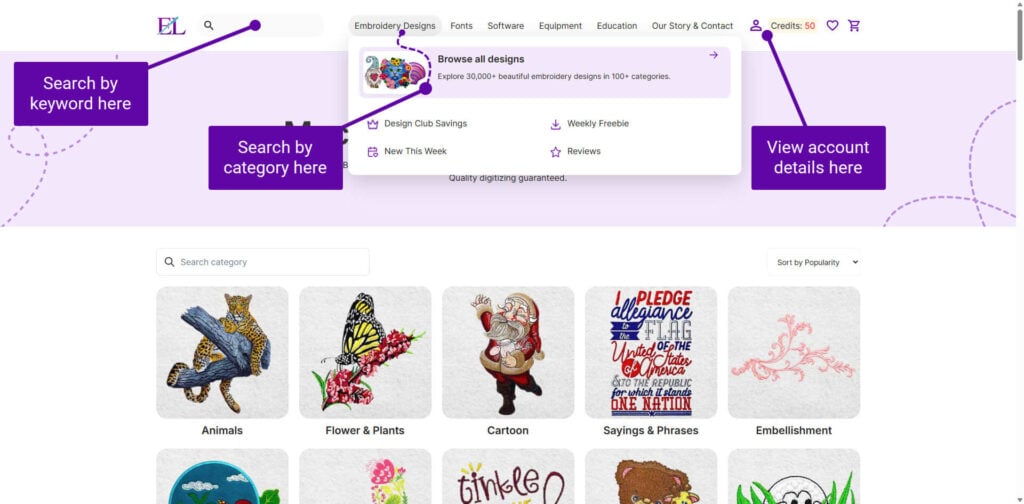 Embroidery Legacy Design Club Menu Navigation