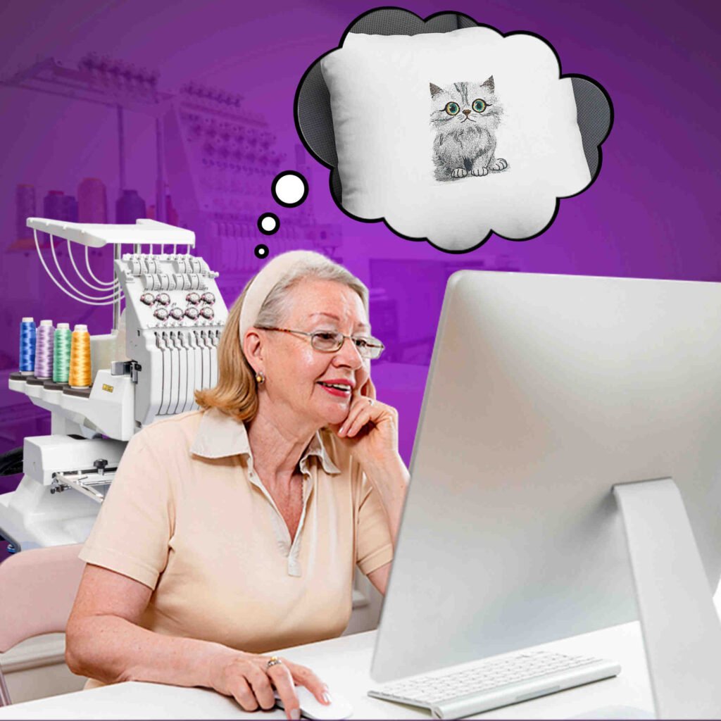 Lady learning embroidery digitizing and dreaming of creating a cat pillow