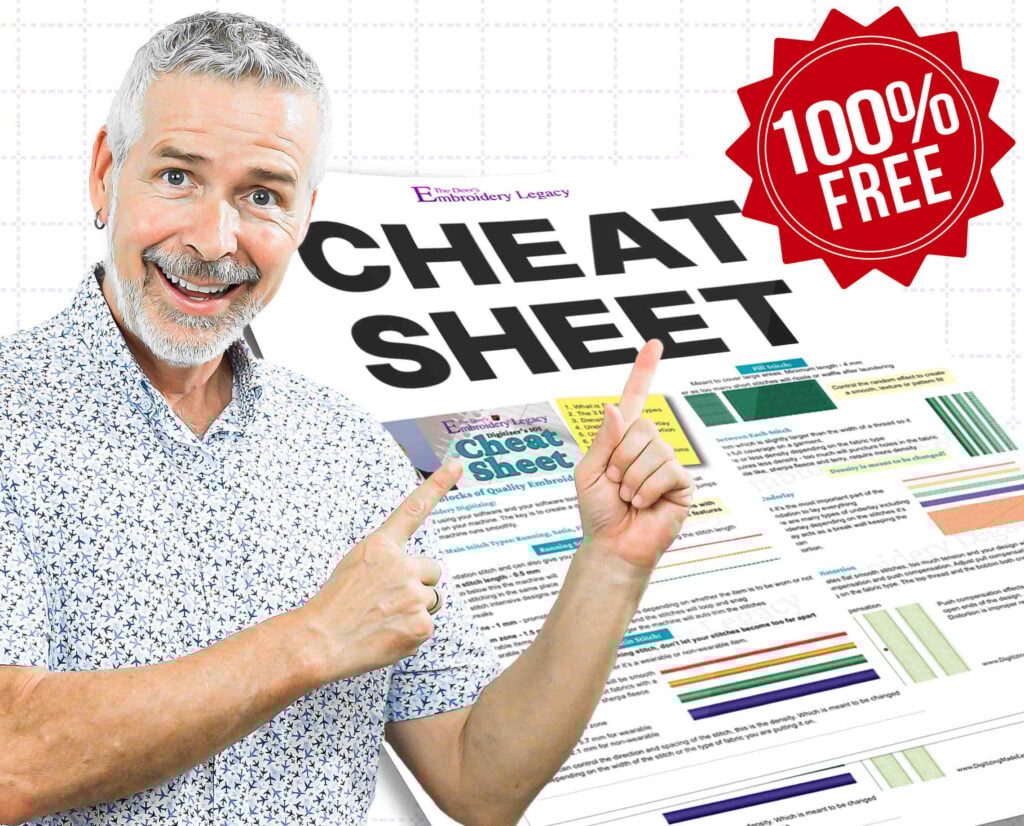 John Deer pointing at the embroidery digitizing 101 cheat sheet