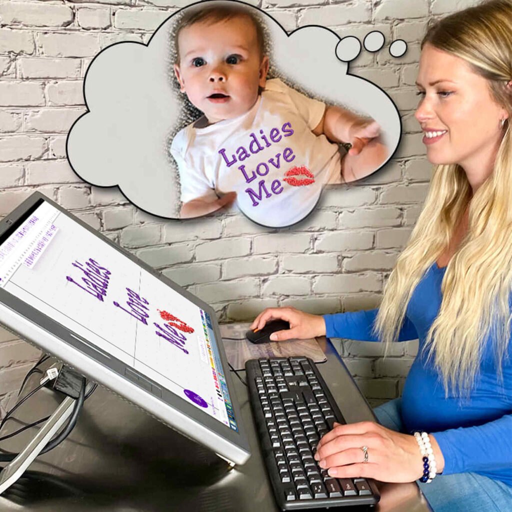 embroidery-digitizing-101-woman-baby-design Woman digitizing an embroidery design for a baby using embroidery digitizing software