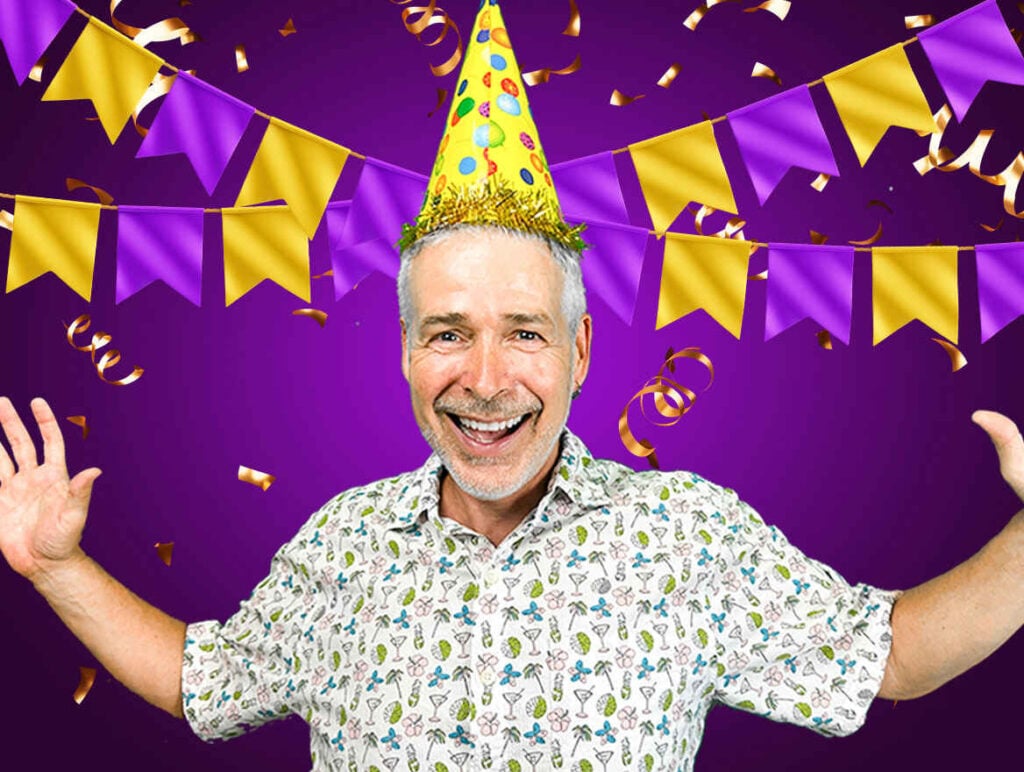 John Deer with party hat for Embroidery Legacy parties