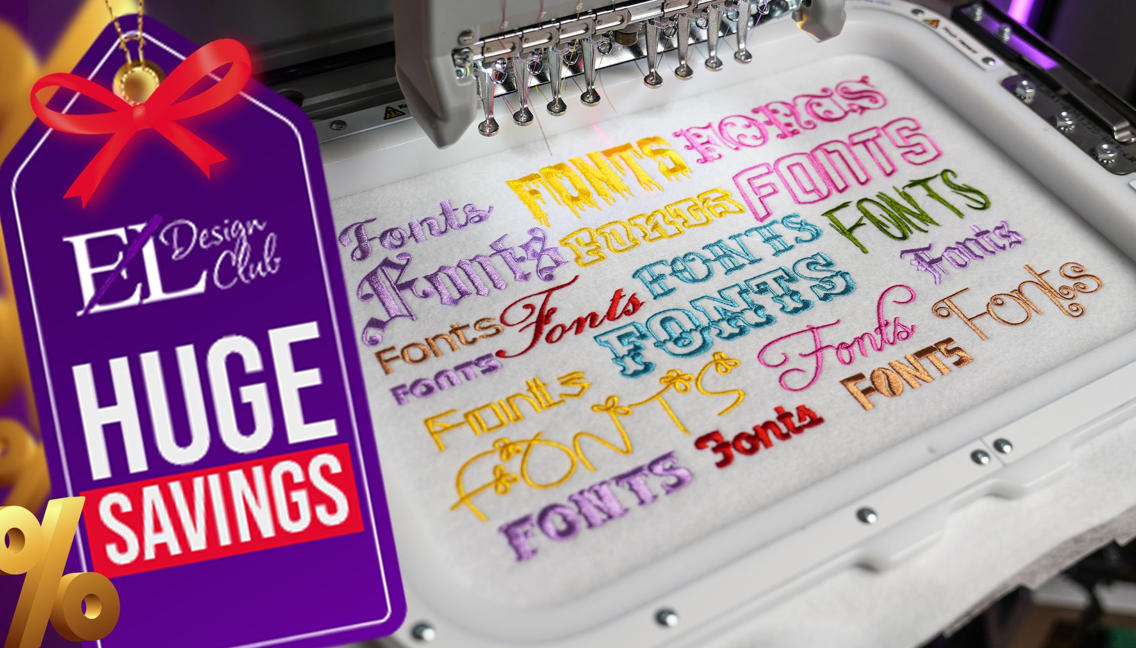 Huge savings text behind fonts sewn onto embroidery machine