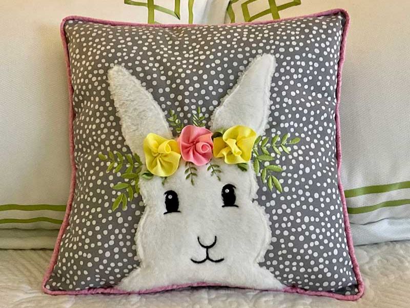 Spring Bunny Ribbon Rose Pillow