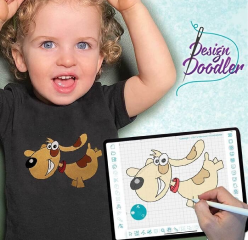 Design Doodler software with dog embroidery design on iPad and child with the same design on his shirt